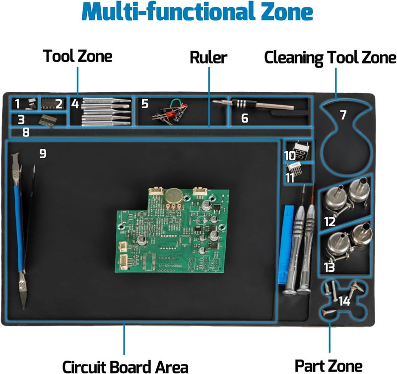 WeP M160 Silicone Soldering Mat 13.7x9.9 inches Heat-resistant with 5 Function Zones, Soldering Mat for, electronics repair, DIY Projects - Image 4